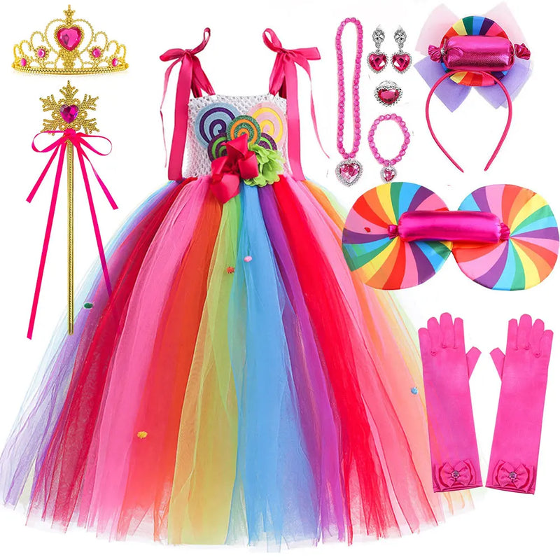 Candy Fairy Costume Girls Lollipop Cosplay Dress Toddler Carnival Purim Rainbow Vestidos Christmas Party Princess Clothing Gown