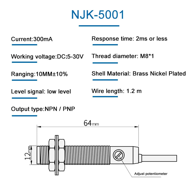 10MM Sensing Distance M8 NJK-5001 DC 5-30V Three Wires Hall Magnetic Induction Proximity Sensor Switch