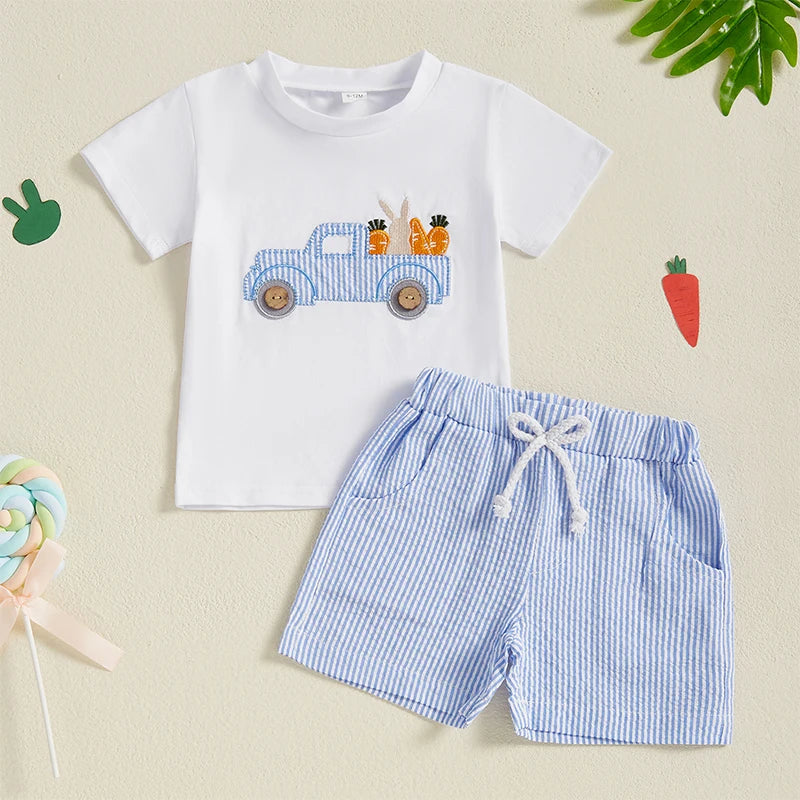 Summer Easter Kids Baby Boy Outfits Short Sleeve Embroidery T-Shirt + Shorts Set Fall Clothes Set