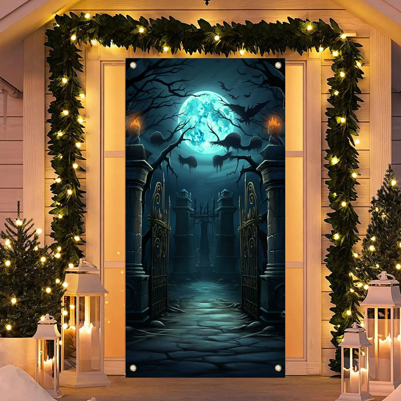 70×35 inch Halloween Door Banner Happy Halloween  Horror Graveyard Full Moon Photography Photo Background Banner