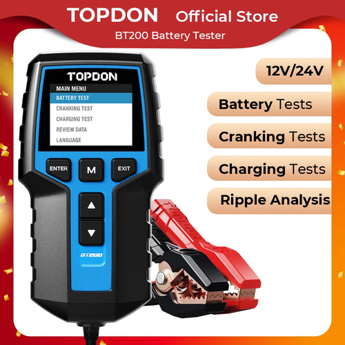 TOPDON BT200 Tragbares Batterietestgerät, Testwerkzeuge für das Laden und Starten von Autos, 12V Kfz-Diagnose-Batteriemonitor 100-2000CCA
