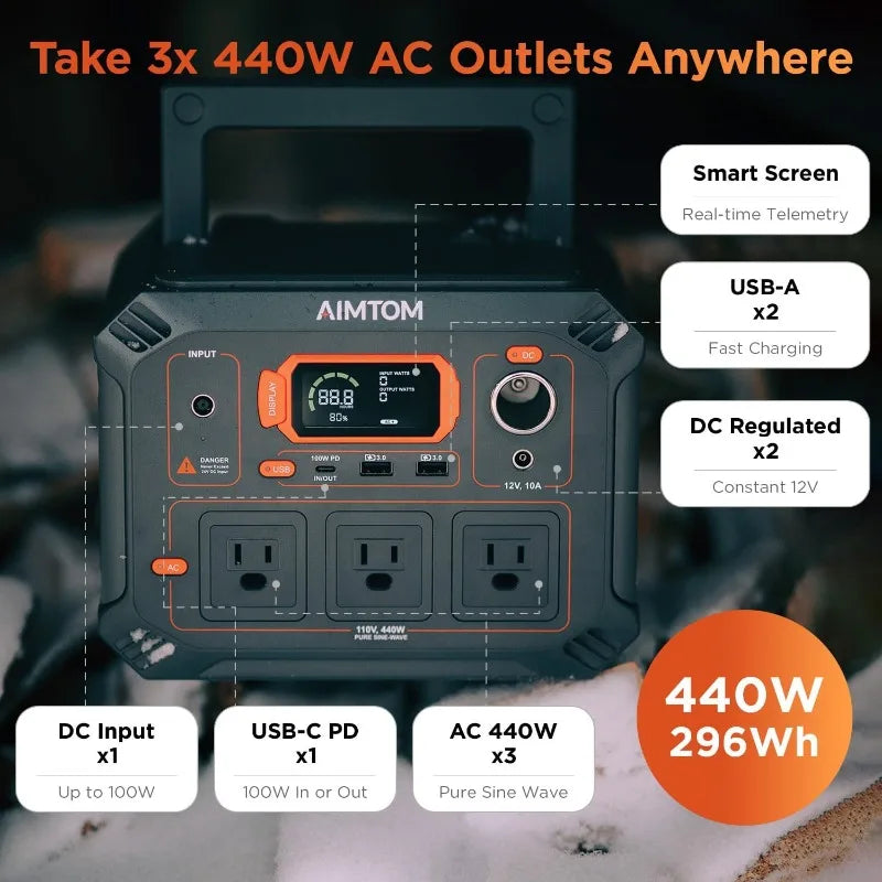 Portable Power Station , 3x 440W (800W Surge) AC Outlets, 4-Mode LED, USB, DC, Type-C, 296Wh Lithium Battery Solar Generator