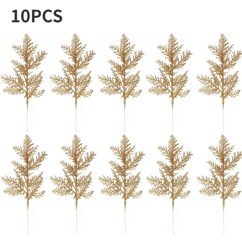 10/5Pcs Artificial Plants Pine Branches Christmas Glitter Gold Leaves Xmas Tree Decoration Pendant Christmas Home Decoration