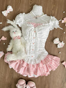 Summer Sweet Preppy Style 2 Piece Sets Women Y2k Kawaii Lolita Design Tops + High Waist Chic Skirt Female Princess Retro Outfits