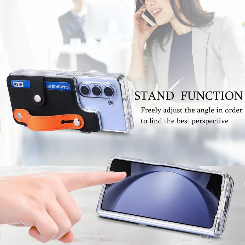 For Samsung Z Fold 5 Wallet Wristband Transparent Case for Samsung Galaxy Z Fold 5 fold 5 Pen Card Holder Bracket Stand Cover