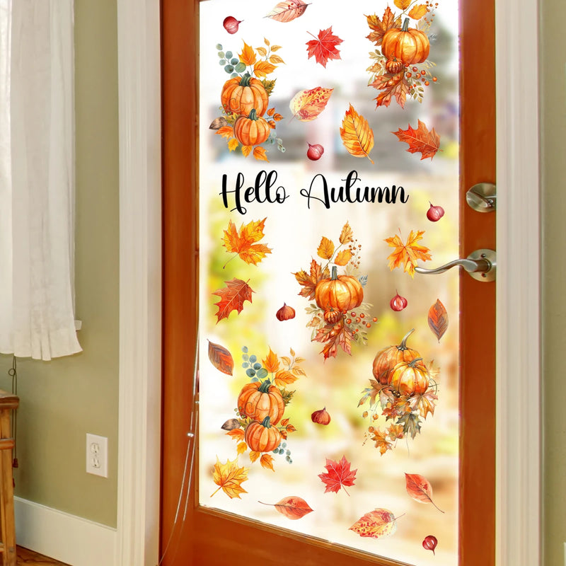 1 sheet Autumn Harvest Window Clings, Thanksgiving Window Decals, Leaves & Pumpkins Window Stickers for Home