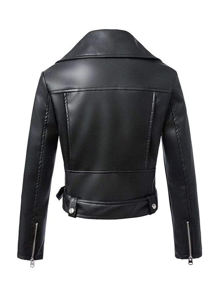 Fitaylor Black Faux Leather Jacket Women Spring Autumn Short Soft Pu Leather Jackets With Belt Zipper Moto Biker Coat