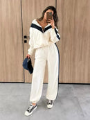 Casual Paneled Contrast Women's Pants Sets Stand Collar Zipper Cropped Jackets Elastic Wide Leg Pant 2026 Autumn Lady Tracksuits