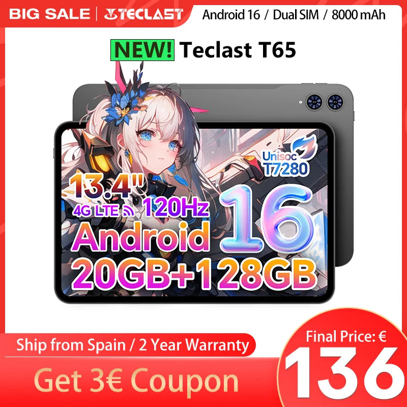 【New】Teclast T65, 13.4 Inch 120Hz Tddi, Android 16 Tablet, (8Gb+12Gb)20Gb Ram, 128Gb Rom, Unisoc T7280, 8 Cores, Mali-G57, 1920X1200, 8000Mah, 4g Volte, Wifi, Gps, 13Mp+5Mp