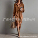 Retro Chic Women Midi Dress Corduroy Fabric Lapel Collar Popular Button Front Loose Fit Long Sleeve Comfy Casual Daily Outfit