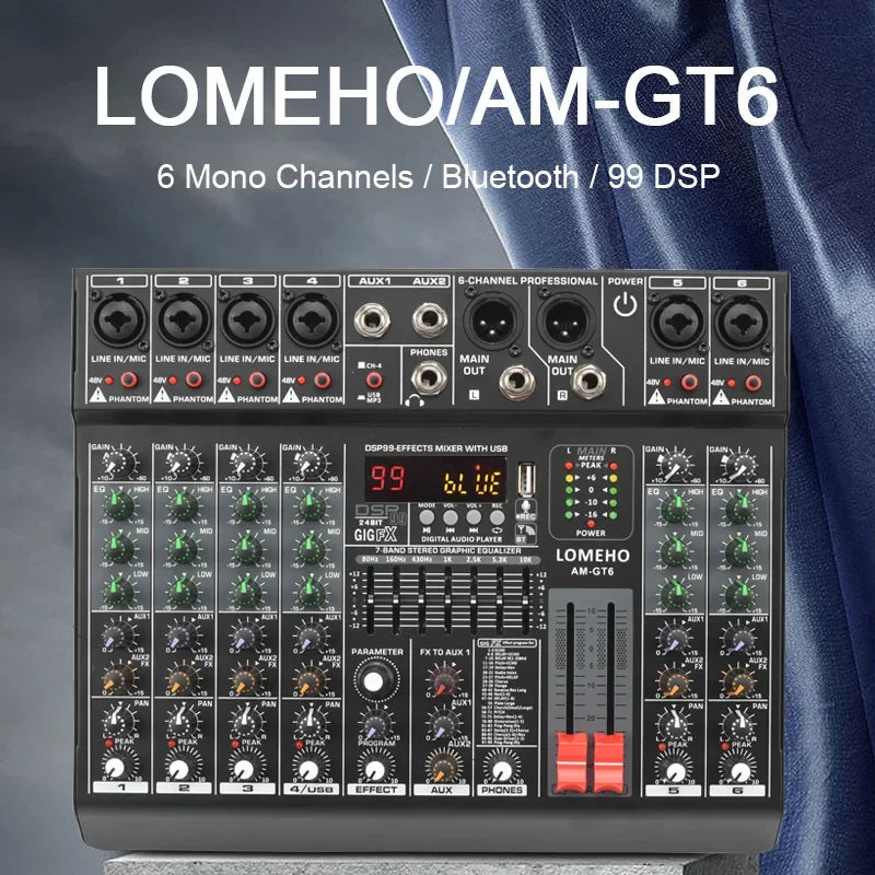 LOMEHO 7 Band EQ Audio Sound Mixer Table 6/8 Channel Mixing DJ Console with USB 2 AUX Output Individual 48V 99 Effect  AM-GT6/8