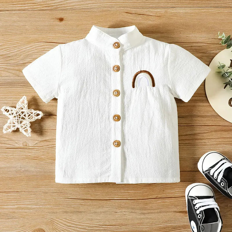 3M-24M Baby Boy Cotton Small Stand-up Collar Embroidered Top with Brown Drawstring Pants Two-piece Set,Suitable for Summer Wear