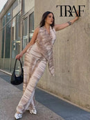 TRAF Women Fashion Casual Backless Tie-Dye Top Set Vintage Neck Tie-Dye V-Neck Top Elegant Drawstring High-Waisted Wide-Leg Pant