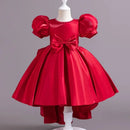 Mode Einfarbiges Mädchen Abendkleid Kurzarm Schleife Kinder Kleider für Mädchen Sommer Mädchen Partykleid 1-10 Jahre