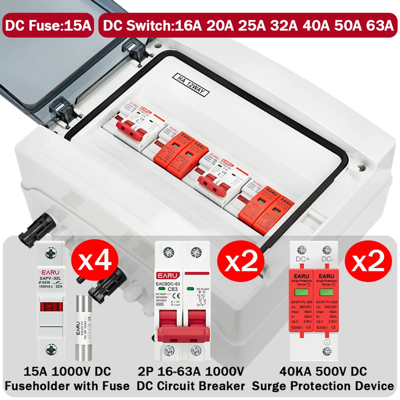 DC 500V 2 Input 2 Output Solar Photovoltaic PV Combiner Box With Surge Lightning Protection DC Fuse MCB SPD Waterproof Box IP65