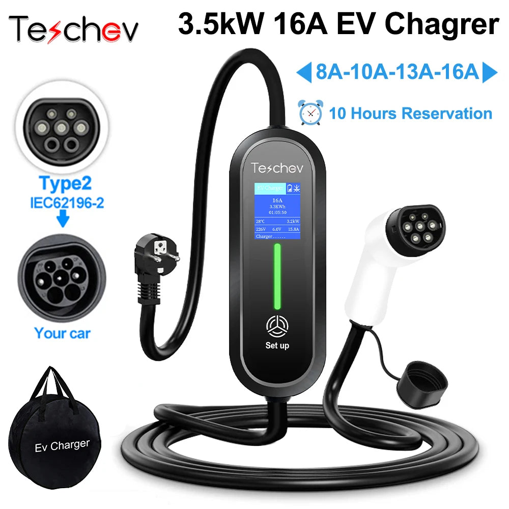 Teschev 220V 230V 16A Portable EV Charger Type2 Charging Cable IEC6219
