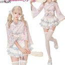 Pink Kawaii Lolita Style Skirt Set Women Cute Cat Print Bow Blouse Ruffles Mini Cake Skirts Suits Female Korean Y2k 2 Piece Sets