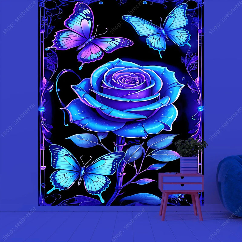 Butterfly Flower UV Reactive Tapestry Wall Hanging Hippie Boho Room Decor Aesthetic Psychedelic Home Dorm Wall Decor Party Decor