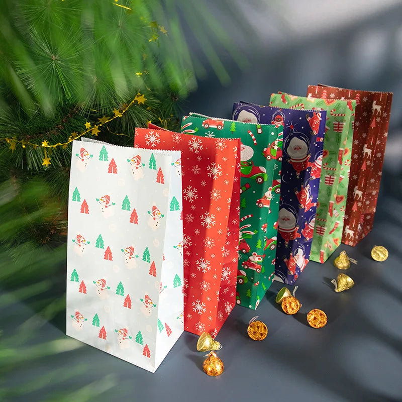 Merry Christmas Kraft Paper Bags Navidad Xmas Packaging Bag with Stickers Advent Calendar Gift Pocket Noel Party Supplies 24pcs