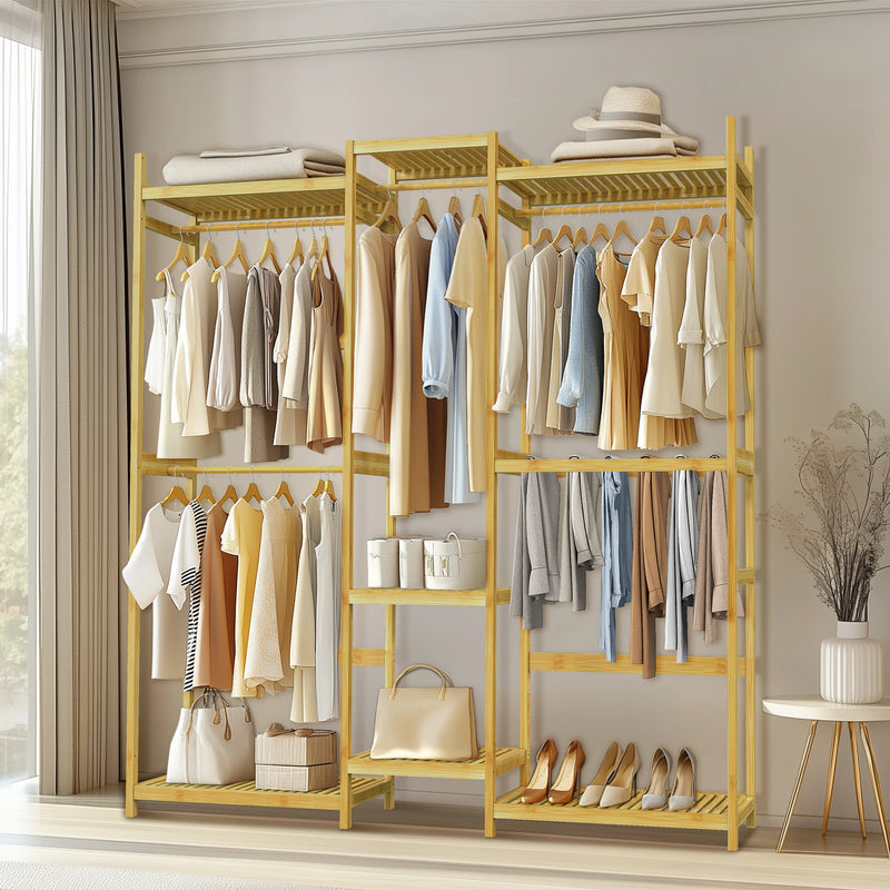 Bamboo Clothes Rack Stand Organizer Multifunctional Garment Rack Clothing Hanging Shelves Open Wardrobe