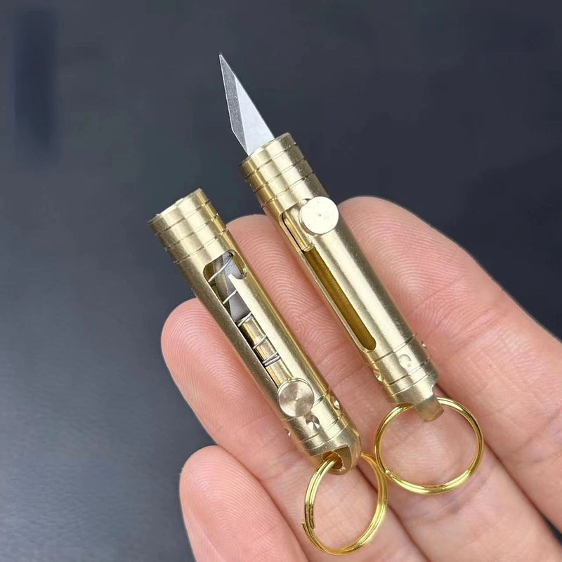 Mini Brass Retractable Knife Gift Pocket Knife Dismantling Express Tool Push-pull Automatic Key Chain Pendant Paper Cutter
