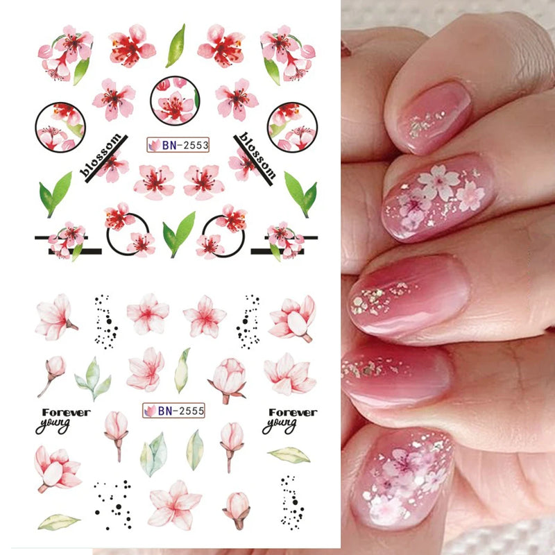 12 Design Sakura Flower Nail Water Stickers Pink Cherry Blossoms Nail Slider Decal Floral Leaves DIY Spring Manicure Decoration