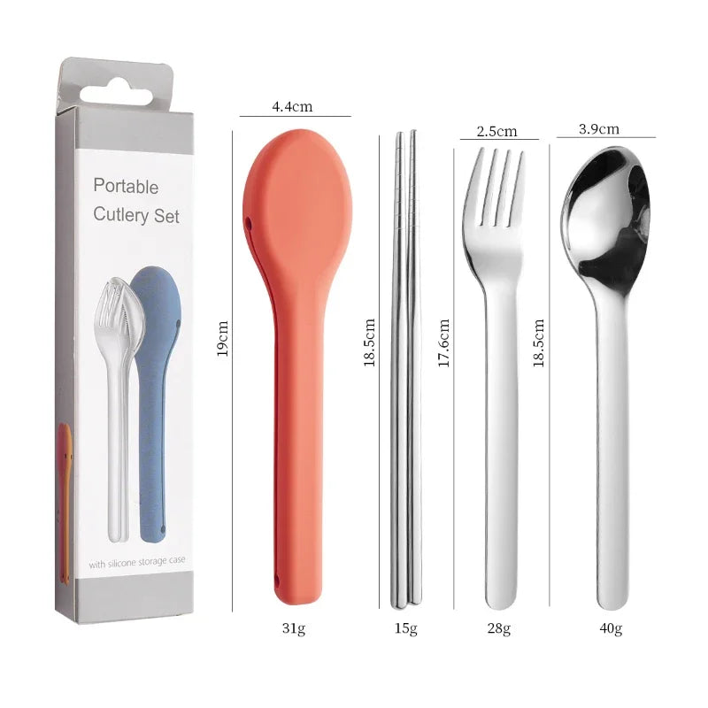 Portable Stainless Steel Cutlery Set, Suitable for Work, School, Picnic, Camping, Travel, Reusable Silicone Portable Cutlery Set