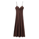 HH 2025 Women Red V-Neck Holiday Style Satin Texture Long Dress Sleeveless Summer Women's Back Zipper Fashion Sling Dresses