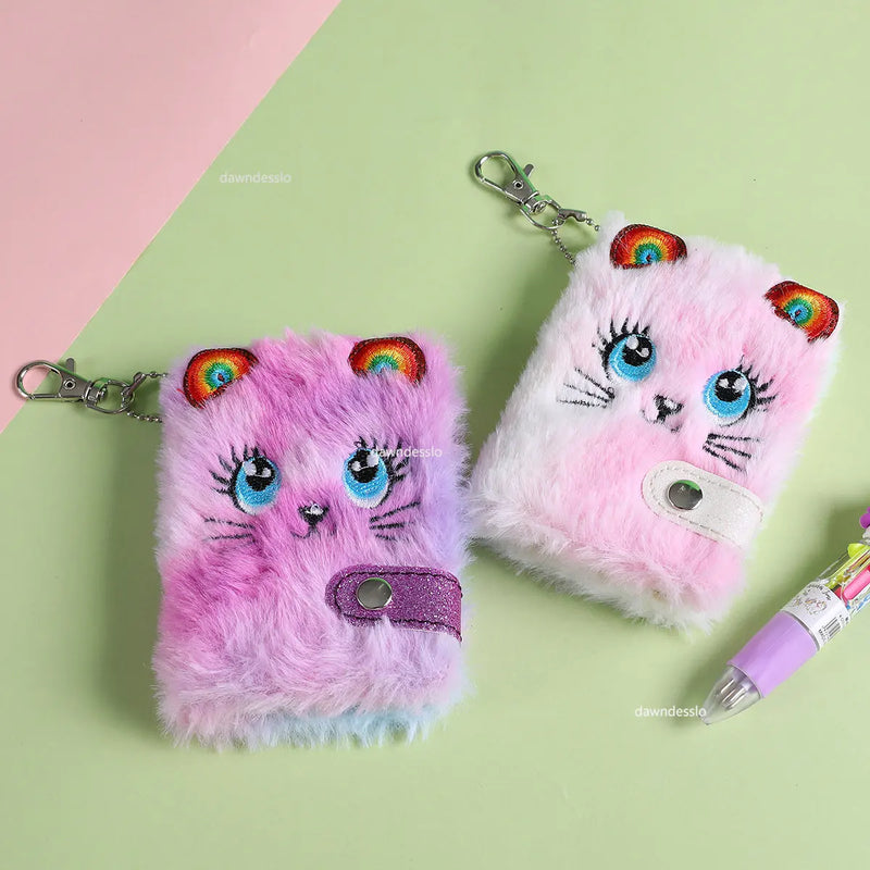 Cute Cat Plush Notebook For Girls Kawaii Pendant Keychain Furry Cats Notebook Daily Planner Journal Book Note Pad Stationery