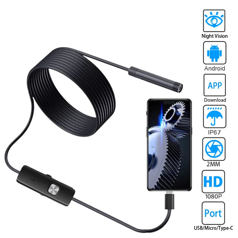 1080P Endoscope Camera IP67 Waterproof 5.5MM Hard Wire Pipeline Inspection Borescope With 6 Adjustable LED For IOS Iphone