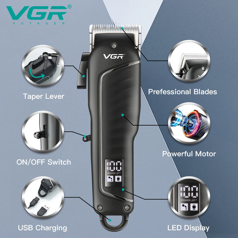 VGR Hair Clipper Professional Hair Cutting Machine Barber Rechargeable Hair Trimmer Digital Display Trimmer for Men V-683