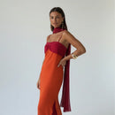 Fashion Women Color Blocking Scarf Collar Sling Dress Sexy Split Waist Cinching Bodycon Maxi Gowns 2026 Lady Club Party Vestidos