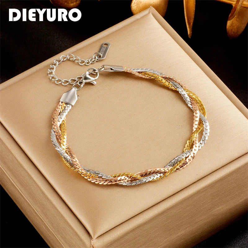 DIEYURO 316L Stainless Steel 3-Color Crossover Bracelet For Women New Trend Girls Multilayer Wrist Chains Jewelry Party Gifts