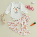 Toddler Girls Spring Floral Ruffle Sleeve Romper and Pants Set with Matching Headband - Easter Bunny Print Outfit for Baby Girls