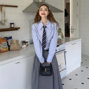 Jk Women Blue Shirt Korean Preppy Style Sweet Tie Long Sleeve Female Blouse Spring New Fashion Turn Down Collar Ladies Tops