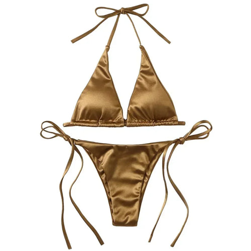 Sexy Damen Metallic Neckholder Top Zweiteiliger Badeanzug Zum Binden Triangle Bikini Sommer Einfarbiger Badeanzug Strandbekleidung Bikini-Set