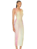 Women Sexy Mesh Rhinestone Crystal Diamonds Bodycon Dress Sparkly Stretched Gradient Tank Mid-Calf Party Dress Vestido