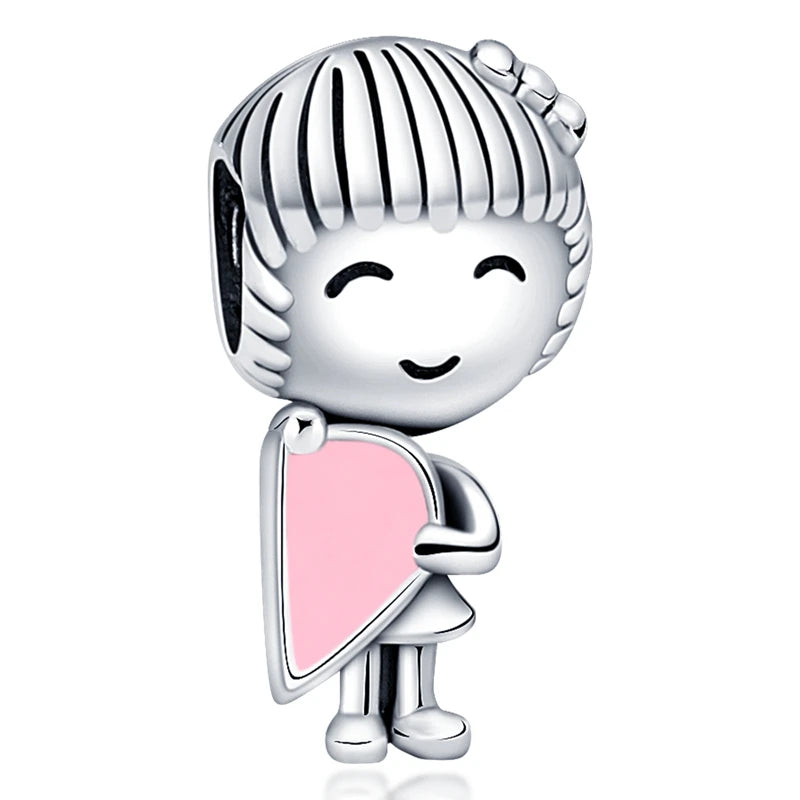 Silver Plated Boy Girl Couple Lovers Beads Charms Zirconium Dangle Fit Original Pandora Bracelet Necklace Jewelry Women