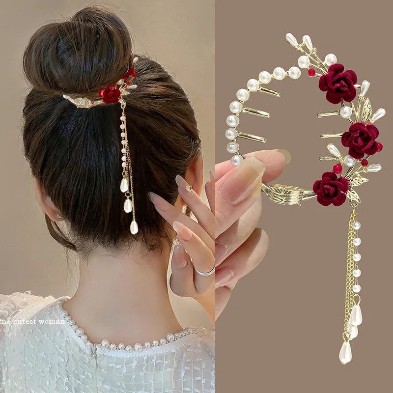 Flower Tassel Hair Clip Women Ladies Butterfly Rhinestone Pearl Metal Hair Claw Round Bun Ponytail Holder Hair Accessories