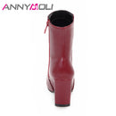 ANNYMOLI Thick High Heel Boots Square Toe Winter Boots Women Ankle Boots  Zipper Ladies Autumn Shoes White Black Red Size 33-43