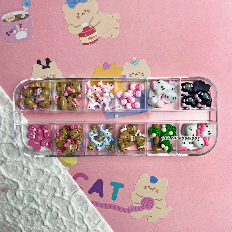 60PCS Cartoon Hawaii Black Skin Hello Kitty Nails Art Charms Accessories Personal DIY Resin Nail Accessories Nail Salon Supplies