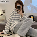 Women's Fluffy Coral Velvet Pajama Sets Winter Cute Students Baggy Cozy Striped Loungewear Simple Warm College Pyjamas Thicken