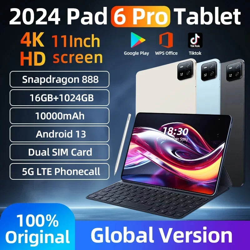 2024 Original Global Version Pad 6 Pro Tablet PC Snapdragon 888 5G Dual SIM 10000mAh Android 13.0 RAM 16GB+1TB 5G  WIFI Mi Tab