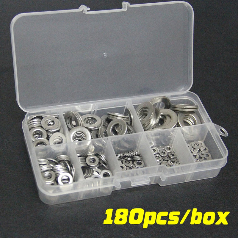 304 Stainless Steel Washers 180pcs/box Metal O Ring M2 M2.5 M3 M4 M5 M6 M8 M10 Gasket Set Assortment Kits Flat Washer Grommets