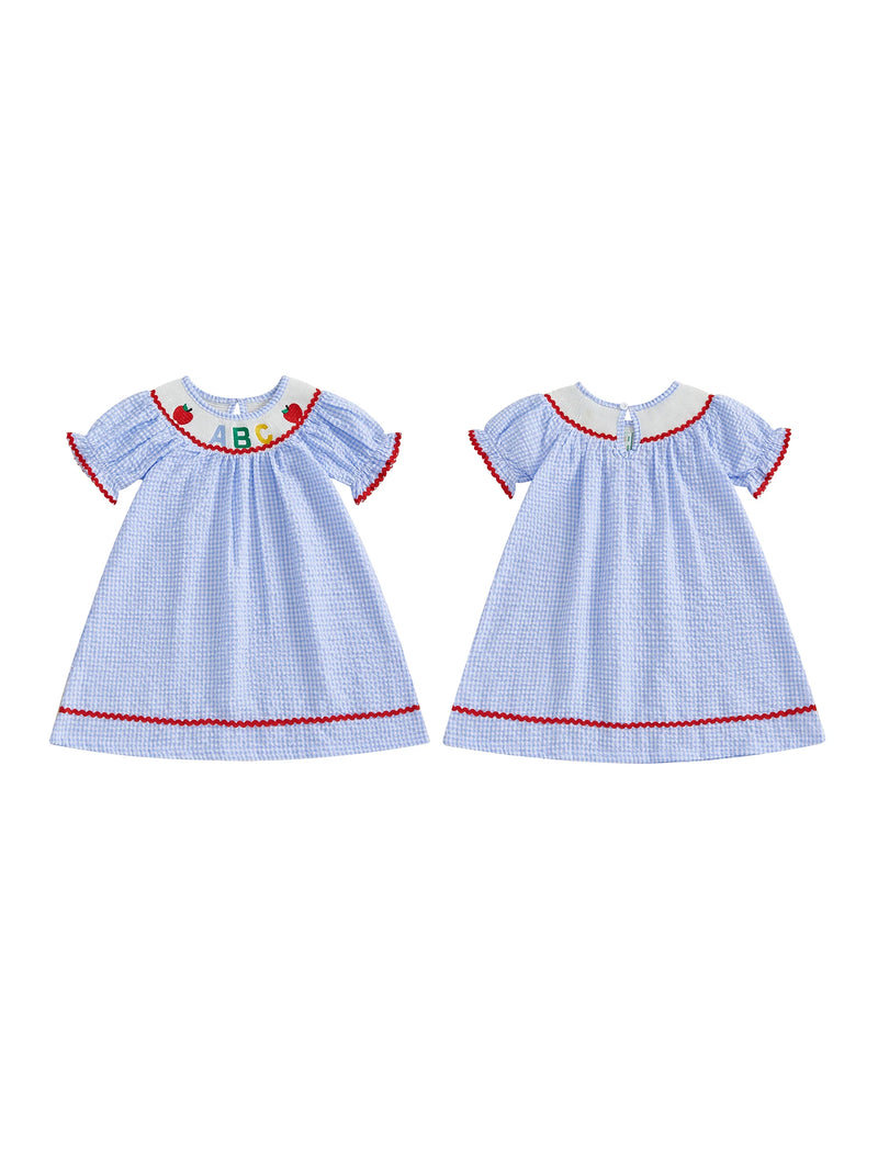 Girls Short Sleeve Plaid Embroidery Dress with Crew Neck Perfect Back-to-School Outfit for Summer Wear