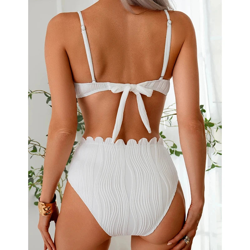 Fashion Ruched Bikini Push Up Swimsuit Women Split Pearl Chain High Waist Bikini 2025 New Solid Bathing Suit Two Piece Beachwear
