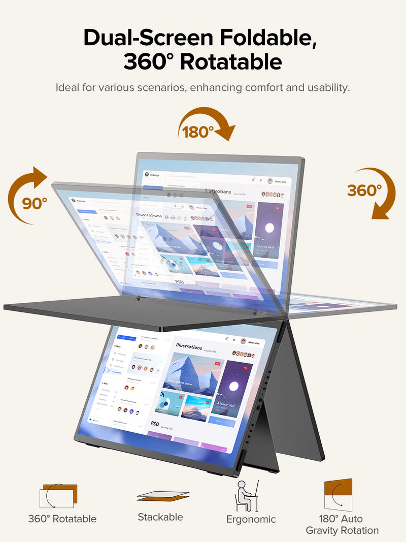 UPERFECT Laptop Screen Extender 15.6 Inch 1080P 360° Foldable Dual Monitors 100% sRGB HDMI USB-C Stacked Triple Portable Monitor