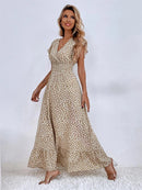 Msfilia V-neck Lotus Leaf Edge Elegant Dress Women Spring Summer Printed Long Dress