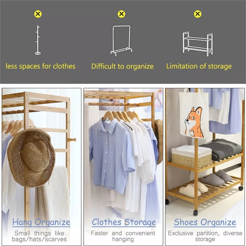Bamboo Garment Rack with Wheels, Clothing Rack for Hanging Clothes with Hooks, Multi-functional Bedroom Clothes Rack