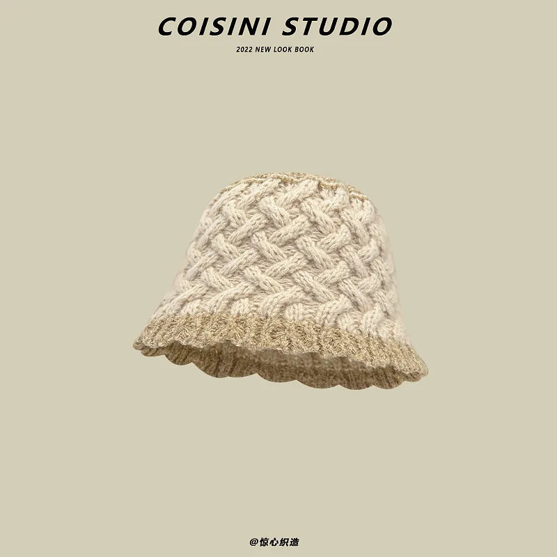 2024 New Korean-Japanese Hand Buckle Crochet Bucket Hat Spring and Autumn Winter Sun Hat Female Cherry Designer Bob Basin Hat